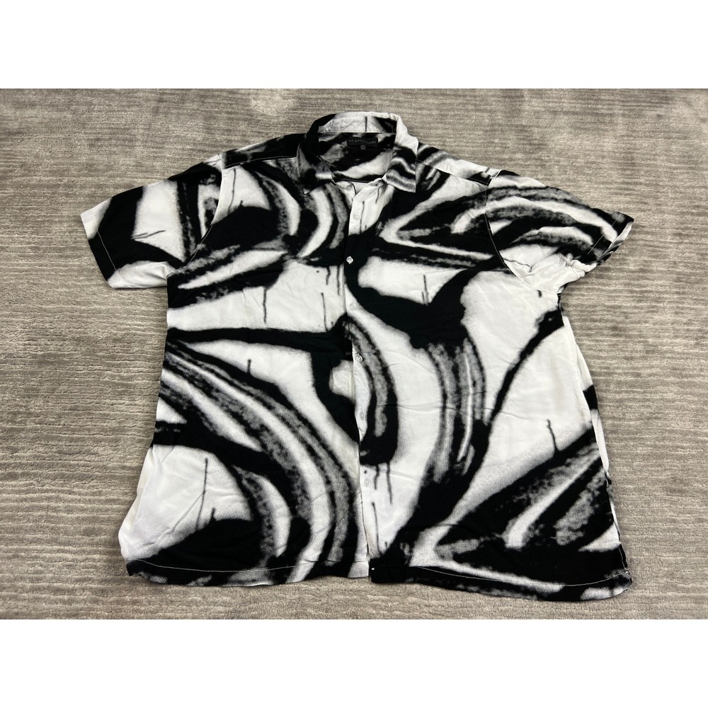 No Boundaries Button Down Mens 2XL Black White Abstract Swirl Rayon Short Sleeve
